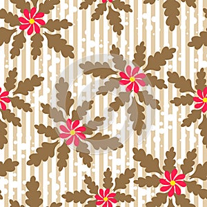 Pink flower with dark brown leaves on a linear background with white dots